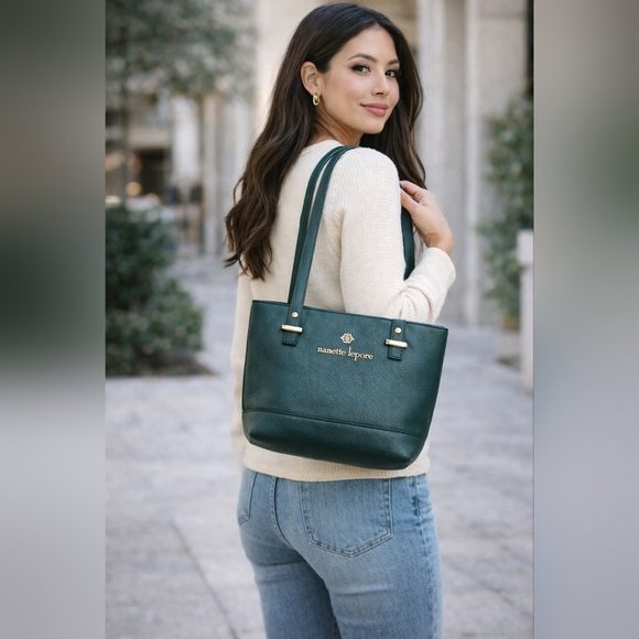 Nanette Lepore Green Pebbled Leather Tote Shoulder Work Bag - Picture 12 of 12